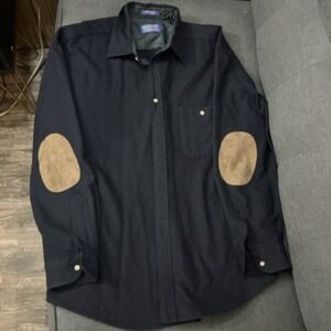 Vintage Pendleton Shirt XL Navy 100% Wool Solid Elbow Patches Made in USA